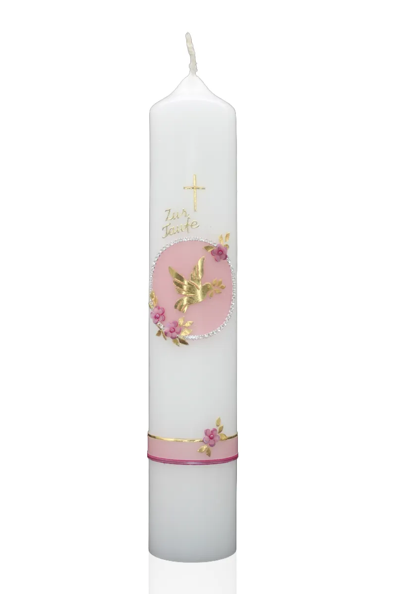 Taufkerze „Friedenstaube & Blütenkreis“ – Rosa oder Blau Taufkerze mit goldener Taube, Blütenkreis & Swarovski-Steinen – in Rosa oder Blau von Designer-Kerzen.de