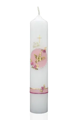 Taufkerze „Friedenstaube & Blütenkreis“ – Rosa oder Blau Taufkerze mit goldener Taube, Blütenkreis & Swarovski-Steinen – in Rosa oder Blau von Designer-Kerzen.de