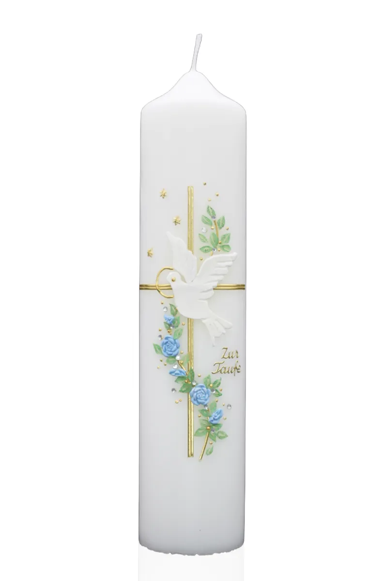 Taufkerze „Friedenstaube & Rosenkreuz“ – Rosa oder Blau Taufkerze mit weißer Taube, Kreuz & Rosen – wahlweise in Rosa oder Blau, handverziert von Designer-Kerzen.de
