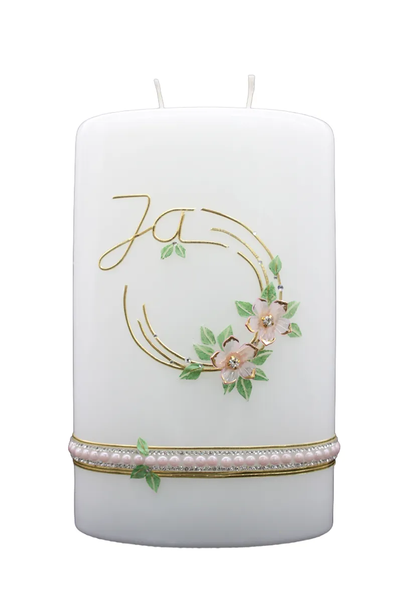 Hochzeitskerze „Ja & Blütenkranz“ Hochzeitskerze mit goldener Schrift „Ja“, Blütenkranz & Perlenbordüre in Rosé – Designer-Kerzen.de