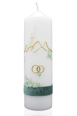 Hochzeitskerze mit Bergmotiv, Kreuz, goldenen Ringen & Samtbordüre – Designer-Kerzen.de