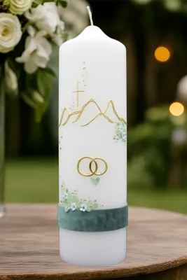 Hochzeitskerze „Bergzauber & Goldringe“