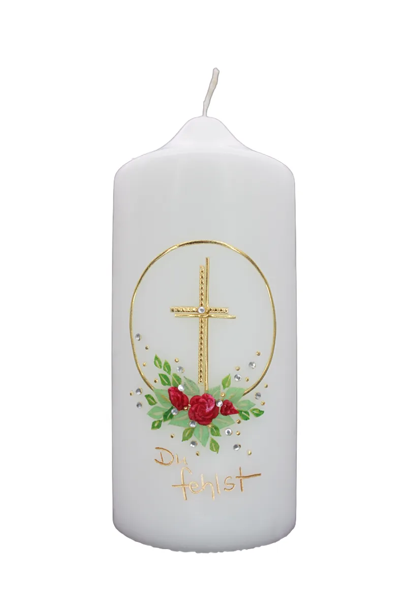 Trauerkerze „Du fehlst“ mit Rosen & Kreuz Trauerkerze mit goldfarbenem Kreuz, roten Rosen & Schriftzug Du fehlst – Designer-Kerzen.de