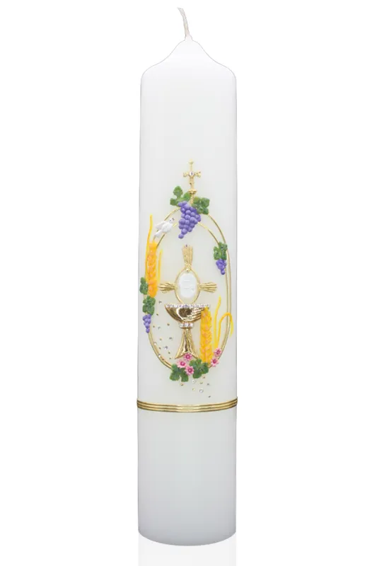 Weiße Kommunionkerze mit Kelch, Hostie, Trauben und Ähren in Gold