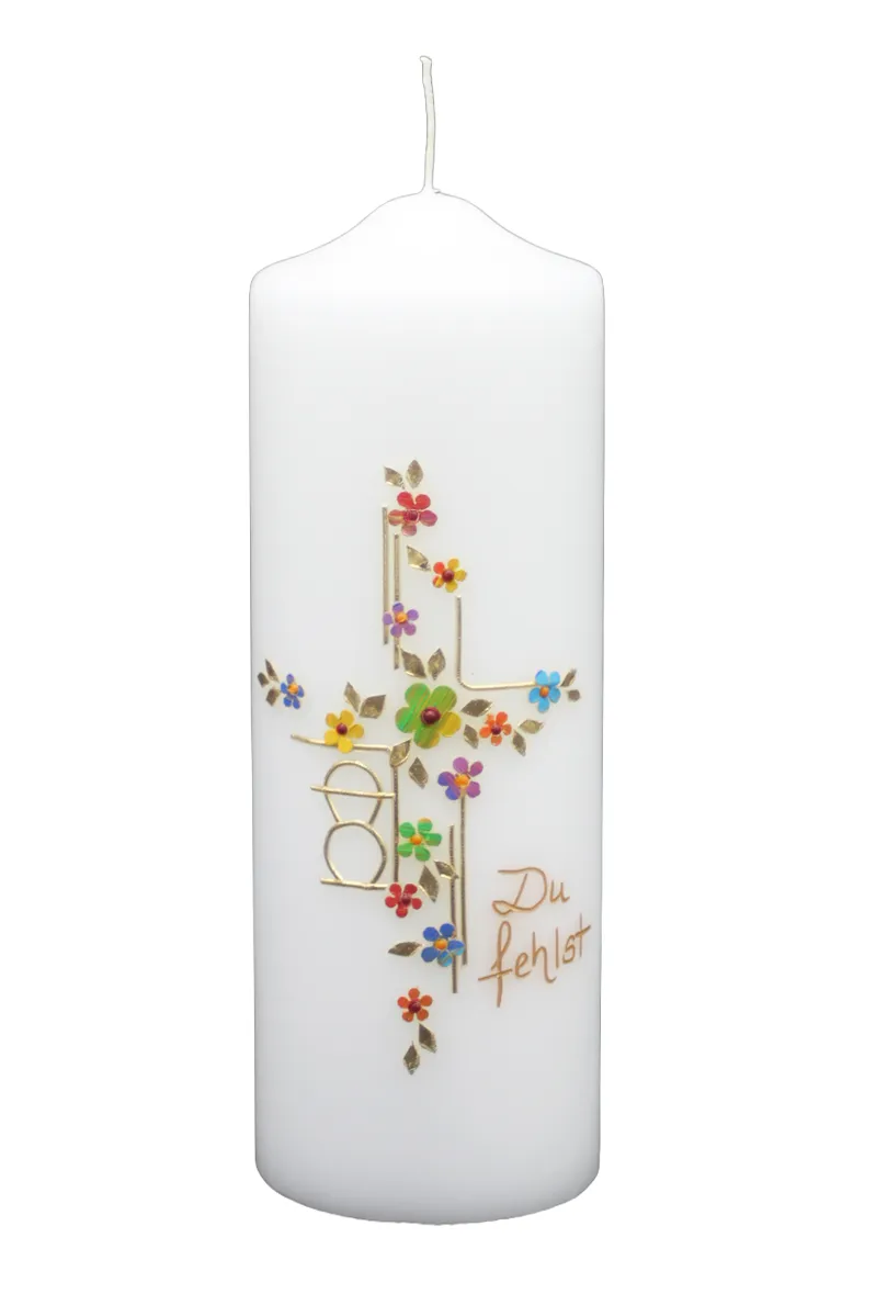 Trauerkerze „Du fehlst“ mit Kreuz & bunten Blumen Trauerkerze mit buntem Kreuz, Blumen & Schriftzug Du fehlst – Designer-Kerzen.de