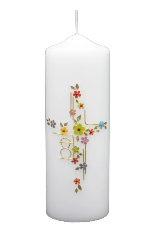 Trauerkerze mit buntem Kreuz, Blumen & Schriftzug Du fehlst – Designer-Kerzen.de