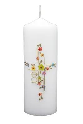 Trauerkerze mit buntem Kreuz, Blumen & Schriftzug Du fehlst – Designer-Kerzen.de