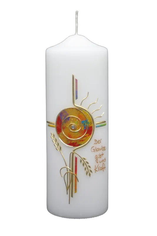 Trauerkerze „Der Glaube gibt uns Kraft“ mit Kreuz & goldener Spirale Trauerkerze mit goldener Spirale, Kreuz & Schriftzug Der Glaube gibt uns Kraft – Designer-Kerzen.de