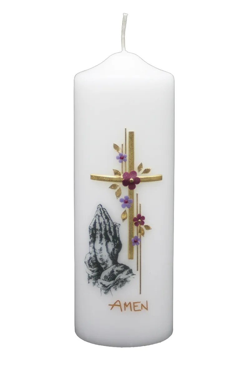 Trauerkerze „Amen“ mit betenden Händen & Kreuz Trauerkerze mit betenden Händen, Kreuz & Schriftzug Amen – Designer-Kerzen.de