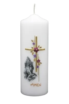 Trauerkerze „Amen“ mit betenden Händen & Kreuz Trauerkerze mit betenden Händen, Kreuz & Schriftzug Amen – Designer-Kerzen.de