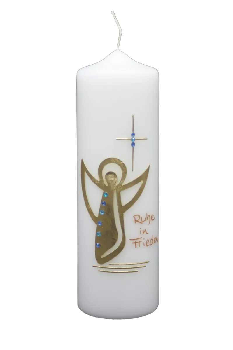 Trauerkerze „Engel des Friedens“ in Gold & Blau Trauerkerze mit Engel und Kreuz in Gold-Blau – handverziert, stilvoll und tröstend von Designer-Kerzen.de