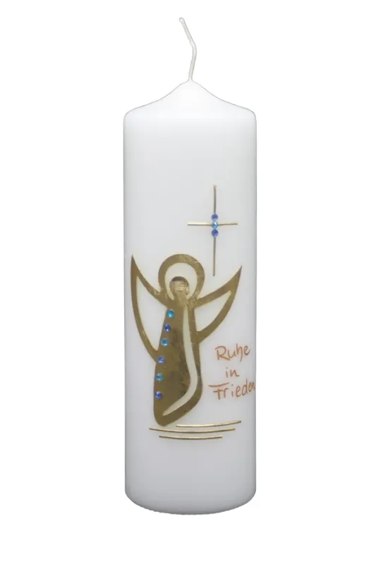 Trauerkerze mit Engel und Kreuz in Gold-Blau – handverziert, stilvoll und tröstend von Designer-Kerzen.de