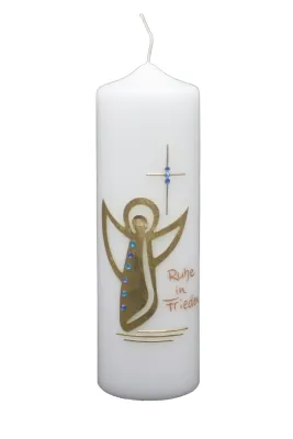 Trauerkerze „Engel des Friedens“ in Gold & Blau Trauerkerze mit Engel und Kreuz in Gold-Blau – handverziert, stilvoll und tröstend von Designer-Kerzen.de