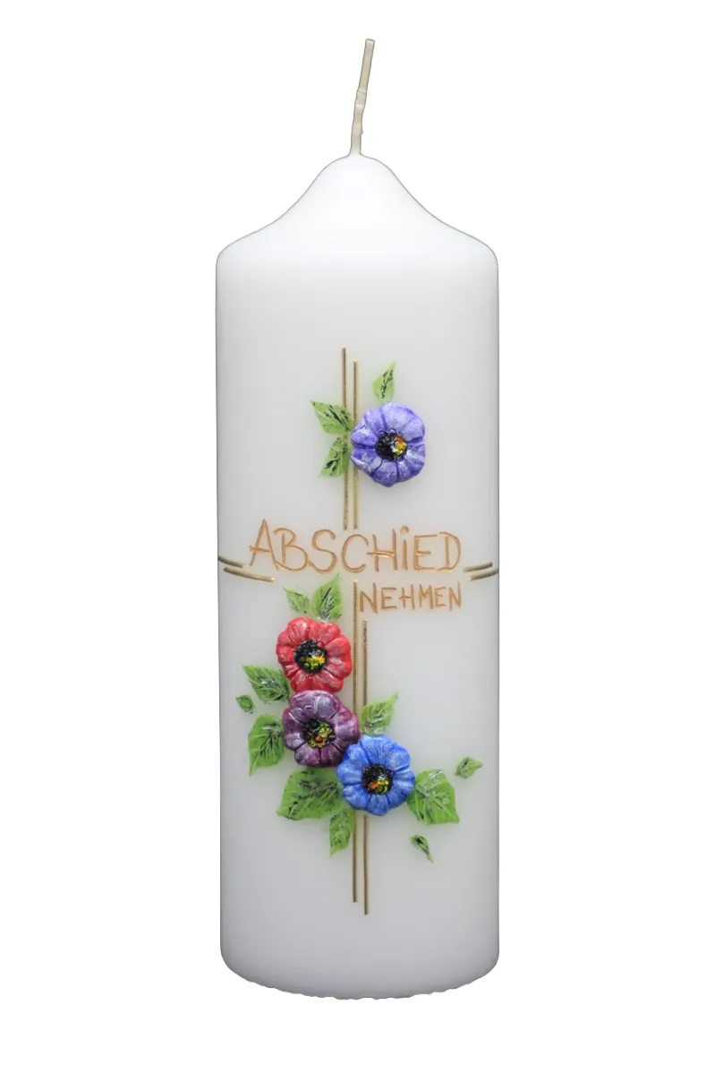 Trauerkerze „Abschied nehmen“ mit Kreuz & Mohnblumen Trauerkerze mit Kreuz und bunten Mohnblumen, Schriftzug Abschied nehmen – handverziert von Designer-Kerzen.de
