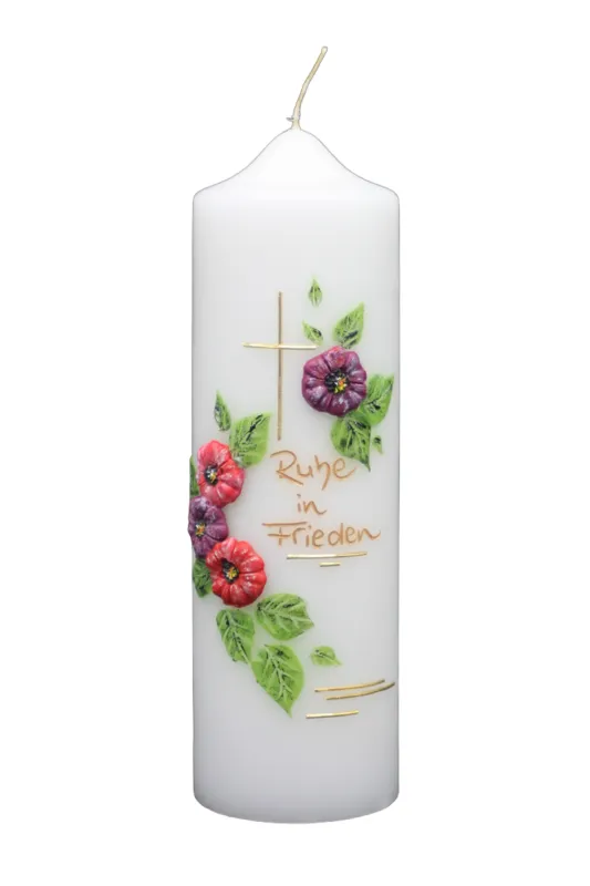 Trauerkerze mit Kreuz und Mohnblumen in Rot-Bordeaux – handverziert von Designer-Kerzen.de