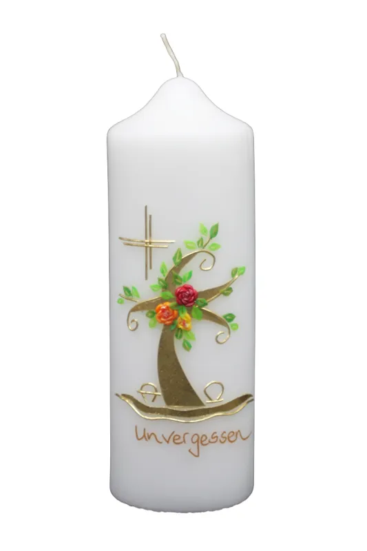 Trauerkerze mit Lebensbaum und Rosen in Gold – handverziert, stilvoll und tröstend von Designer-Kerzen.de