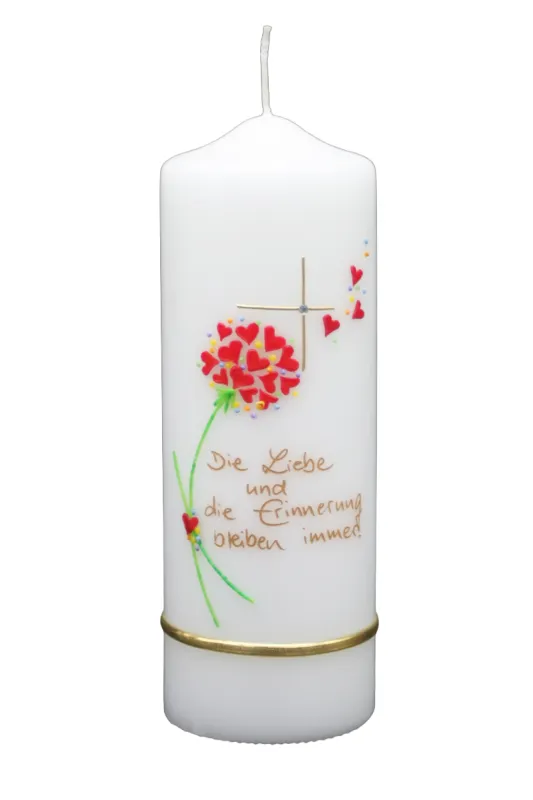Trauerkerze „Liebe & Erinnerung“ mit Herz-Pusteblume & Kreuz