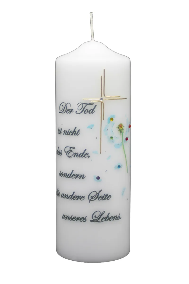 Trauerkerze „Der Tod ist nicht das Ende“ mit Pusteblume & Kreuz Trauerkerze mit Pusteblume und goldenem Kreuz, Spruch „Der Tod ist nicht das Ende“ – handverziert & gedruckt von Designer-Ker