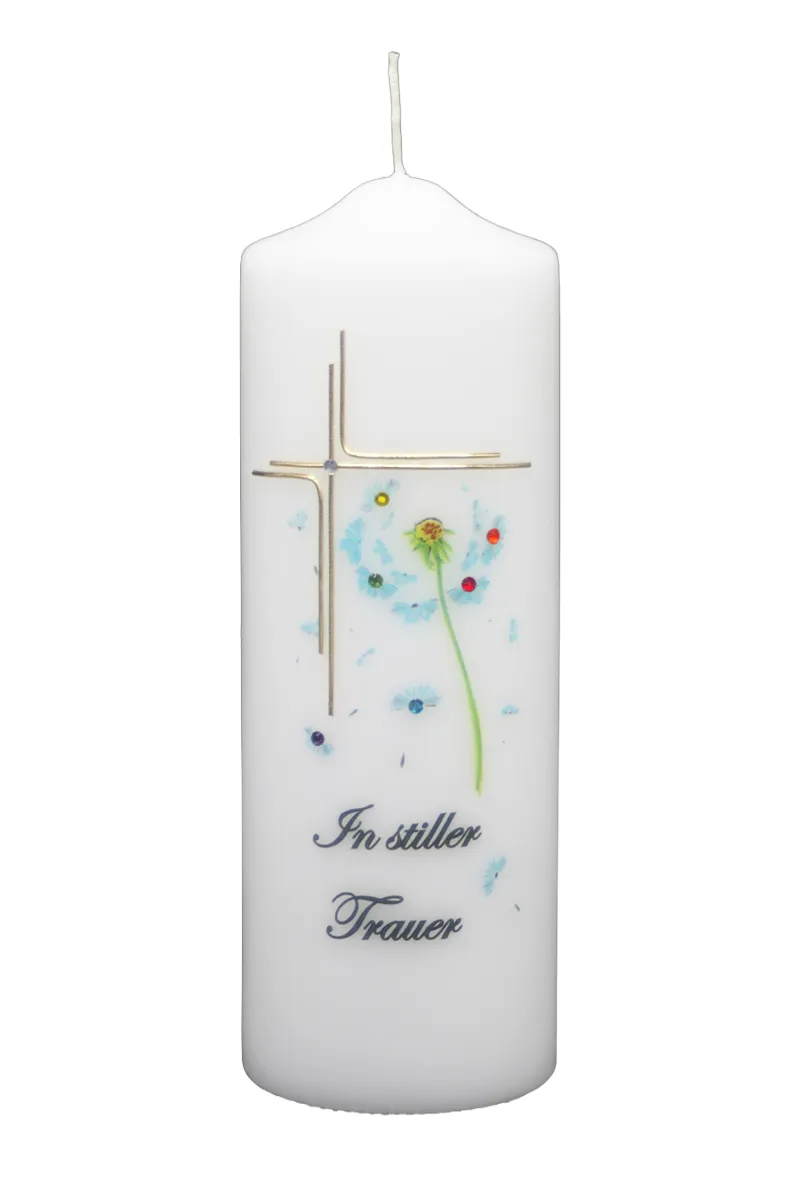 Trauerkerze „In stiller Trauer“ mit Pusteblume & Kreuz Trauerkerze mit Pusteblume, Strasssteinen und goldenem Kreuz – handverzierte Kerze „In stiller Trauer“ von Designer-Kerzen.de