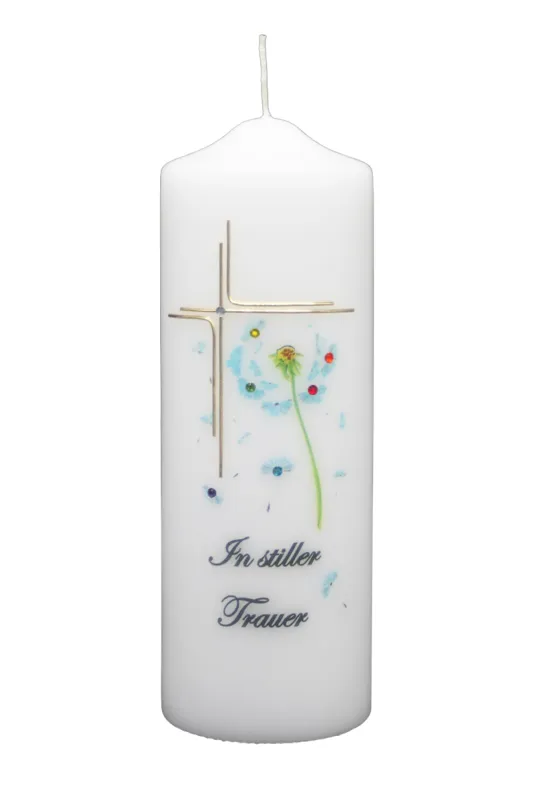 Trauerkerze mit Pusteblume, Strasssteinen und goldenem Kreuz – handverzierte Kerze „In stiller Trauer“ von Designer-Kerzen.de