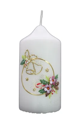 Weihnachtskerze „Glockenkranz Gold & Blüten“ Weihnachtskerze mit goldenem Glockenkranz, Tannenzweigen, Blüten und Perlen – handverziert von Designer-Kerzen.de