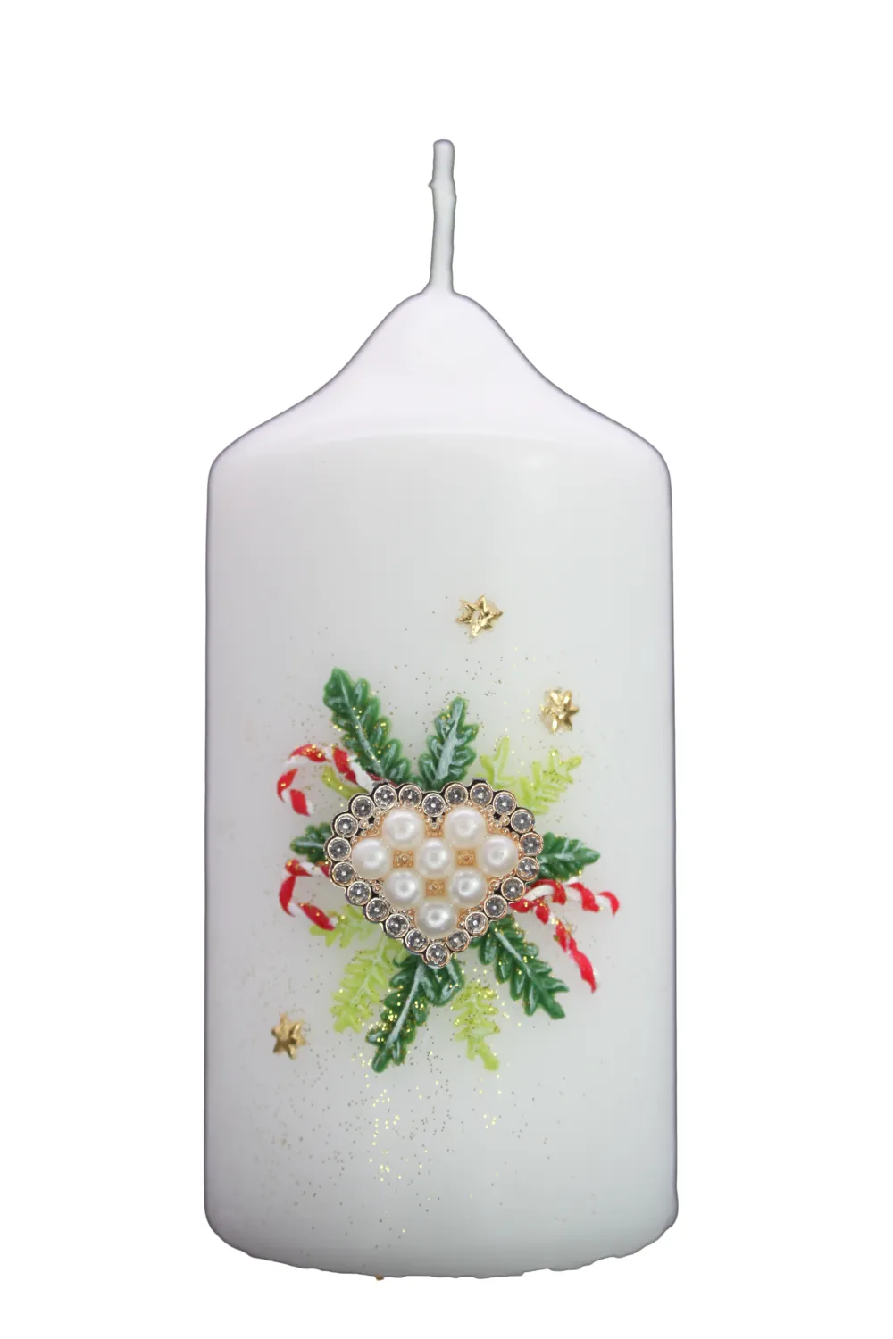 Weihnachtskerze mit Perlenherz, Tannenzweigen & Zuckerstangen – handverziert von Designer-Kerzen.de