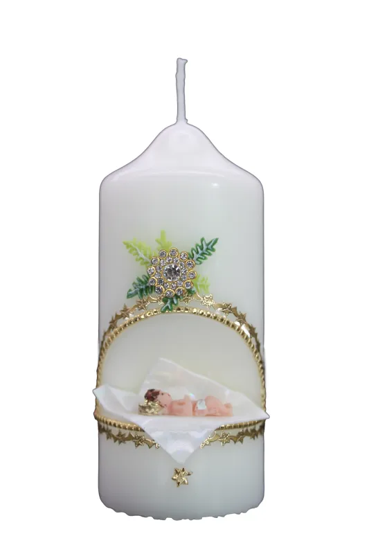 Weihnachtskerze mit goldener Krippenszene, Jesulein & Sternenbogen – handverziert von Designer-Kerzen.de