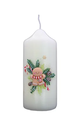 Weihnachtskerze mit Lebkuchenfigur, Tannenzweigen & Zuckerstangen – handverziert von Designer-Kerzen.de