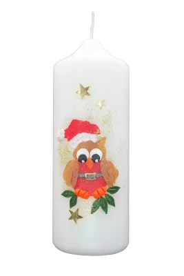 Weihnachtskerze „Eule im Weihnachtsglanz“ Weihnachtskerze mit Eule in roter Mütze, goldenen Sternen & grünen Blättern – handverziert von Designer-Kerzen.de