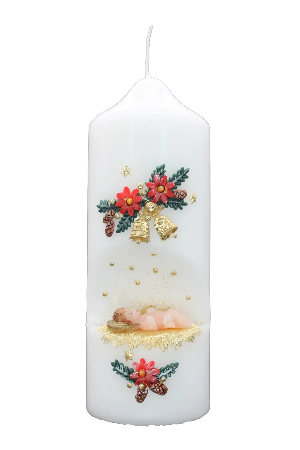 Weihnachtskerze „Heilige Nacht“ Weihnachtskerze mit Jesulein, goldenen Glocken & roten Weihnachtssternen – handverziert von Designer-Kerzen.de