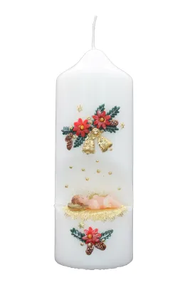 Weihnachtskerze „Heilige Nacht“ Weihnachtskerze mit Jesulein, goldenen Glocken & roten Weihnachtssternen – handverziert von Designer-Kerzen.de