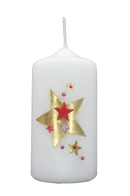 Weihnachtskerze mit goldenem Stern und roten Akzenten – handverziert von Designer-Kerzen.de