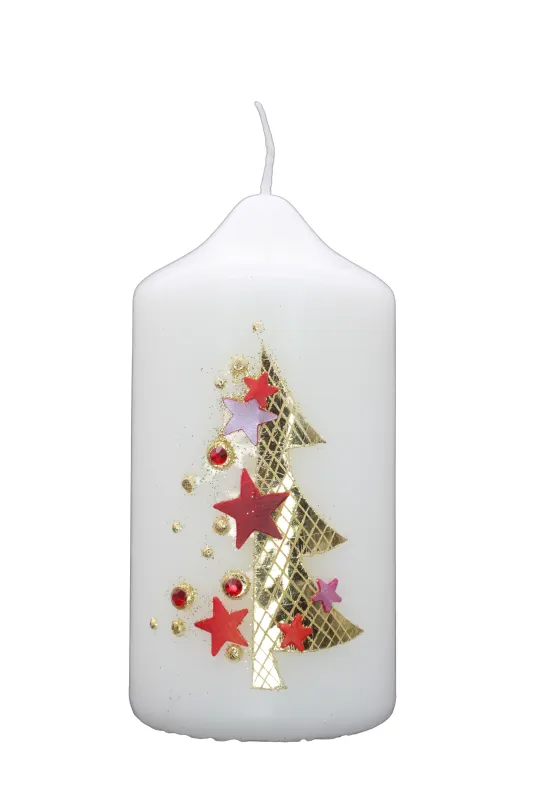 Weihnachtskerze mit goldenem Tannenbaum & roten Sternen – handverziert von Designer-Kerzen.de