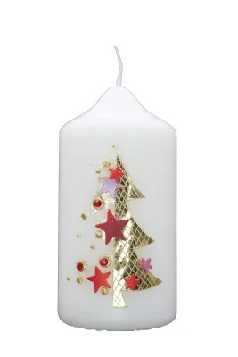 Weihnachtskerze „Goldener Tannenbaum“ Weihnachtskerze mit goldenem Tannenbaum & roten Sternen – handverziert von Designer-Kerzen.de