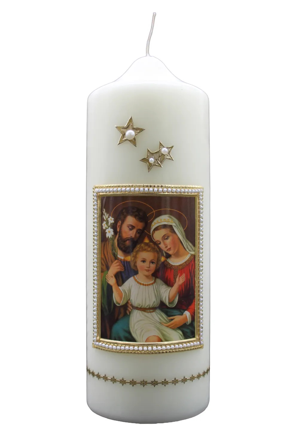 Weihnachtskerze „Heilige Familie & Goldsterne“ Weihnachtskerze mit Motiv der Heiligen Familie, goldenen Sternen & Perlenrahmen – Designer-Kerzen.de