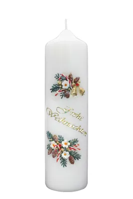 Weihnachtskerze „Tannenzauber“ Weihnachtskerze mit goldener Aufschrift „Frohe Weihnachten“, Tannenzweigen, Glocken & Zuckerstangen – handverziert von Design