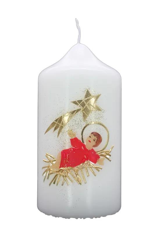 Weihnachtskerze mit Christkind in rotem Gewand, goldener Krippe und Stern – handverziert von Designer-Kerzen.de