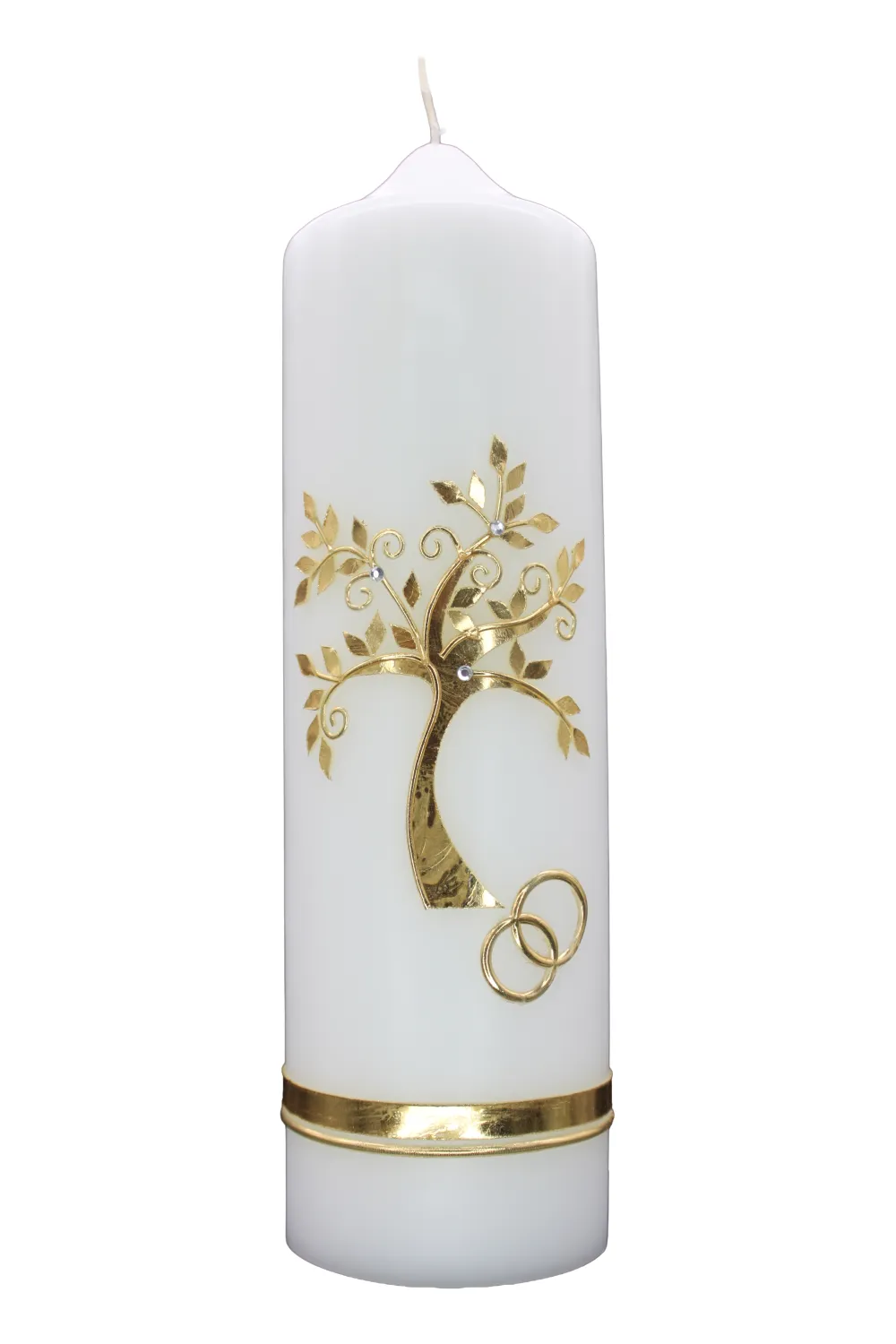 Hochzeitskerze „Baum des Lebens & Ringe“ Weiße Hochzeitskerze mit goldenem Lebensbaum und Ringen