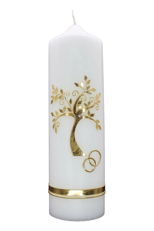 Weiße Hochzeitskerze mit goldenem Lebensbaum und Ringen