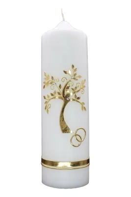 Weiße Hochzeitskerze mit goldenem Lebensbaum und Ringen