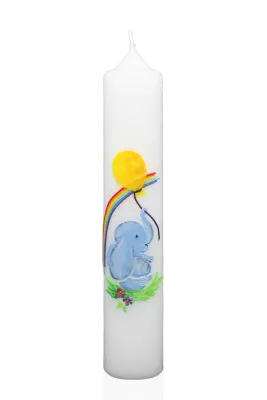 Taufkerze „Regenbogenträumer“ Weiße Taufkerze mit blauem Elefanten, gelbem Ballon und Regenbogen – handverziertes Motiv zur Taufe für Kinder