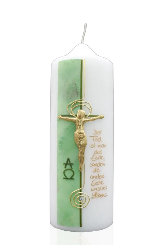 Trauerkerze mit Kreuz, Christusfigur und goldenem Spruch auf grünem Hintergrund – christliches Trostlicht
