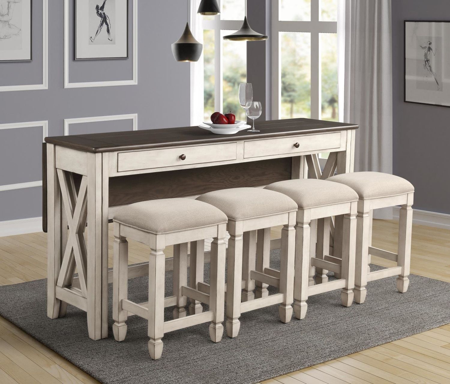 Waverly 5-Piece Drop-Side Bar Sofa Table w/ Stools - Beach White