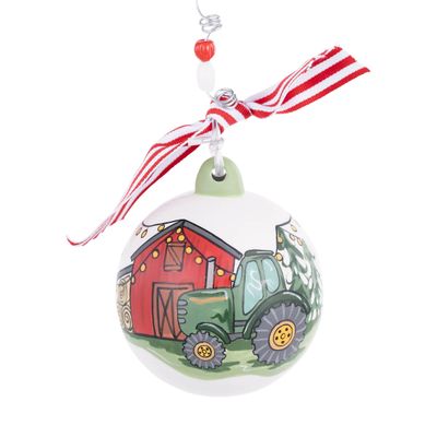 Merry Christmas Green Tractor Ball Ornament