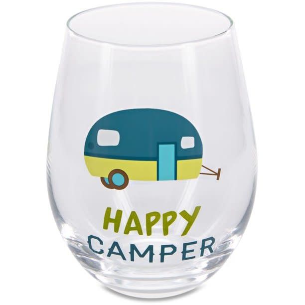 &quot;Happy Camper&quot; Stemless Wine Glass