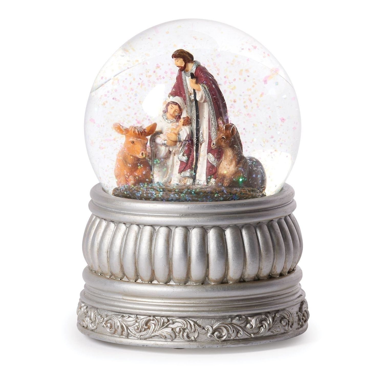 Silver Holy Family Snow Globe - Musical