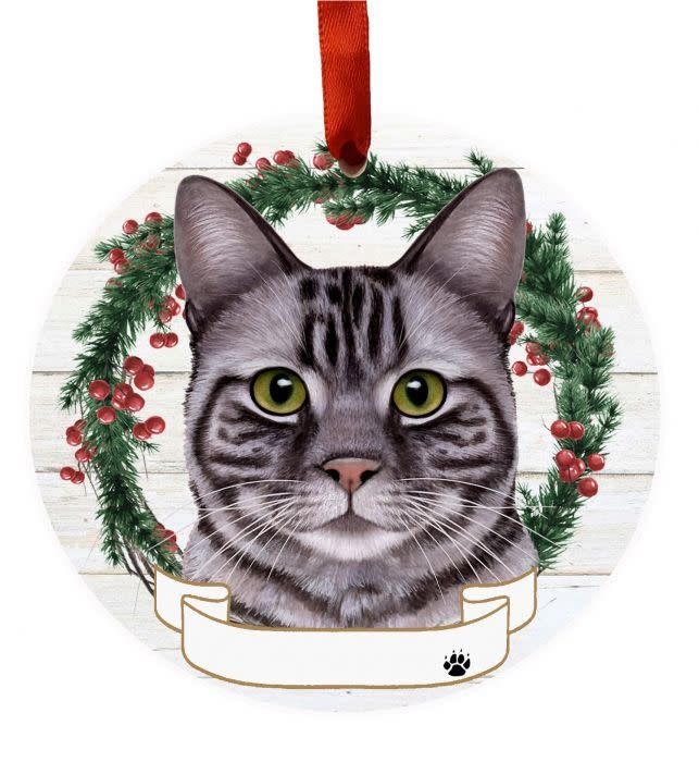 Silver Tabby Cat Wreath Ornament