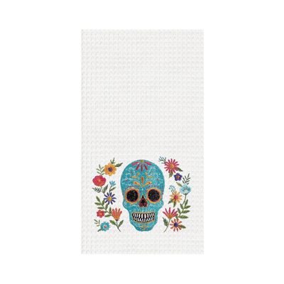 Aqua Sugar Skull &amp; Flowers Waffle Kitchen Towel