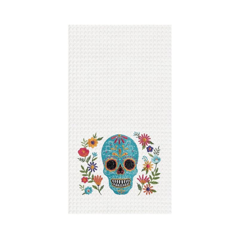 Aqua Sugar Skull &amp; Flowers Waffle Kitchen Towel