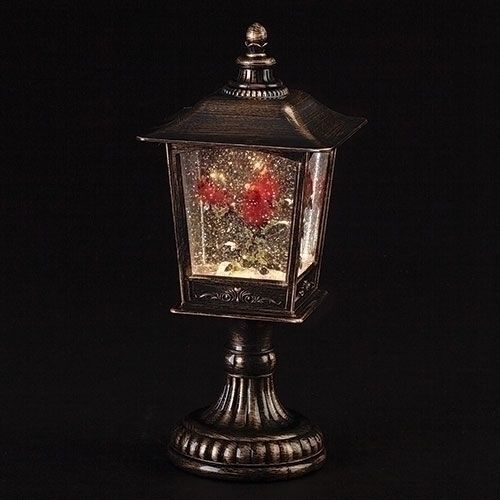 Cardinals in Shimmer Lantern on Pedestal